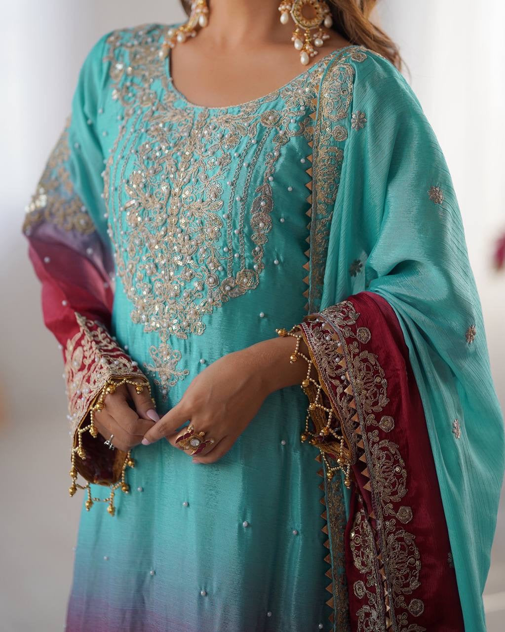 SKY COLOR WEDDING WEAR CHINON SILK PLAZZO DRESS