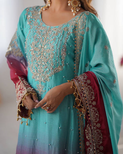 SKY COLOR WEDDING WEAR CHINON SILK PLAZZO DRESS