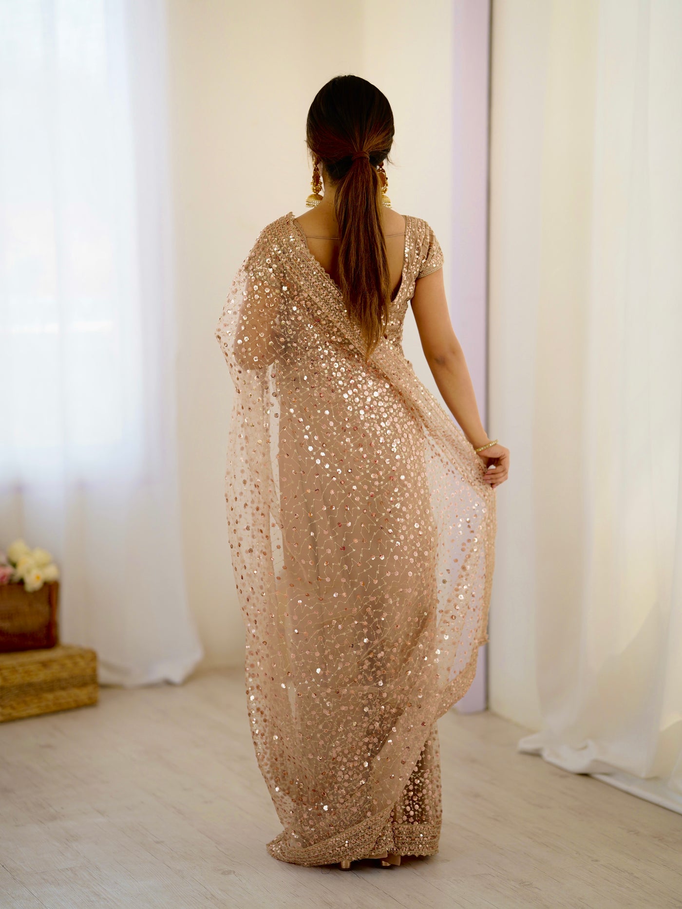 Almond Frost Color Net Saree With Fancy Dupatta