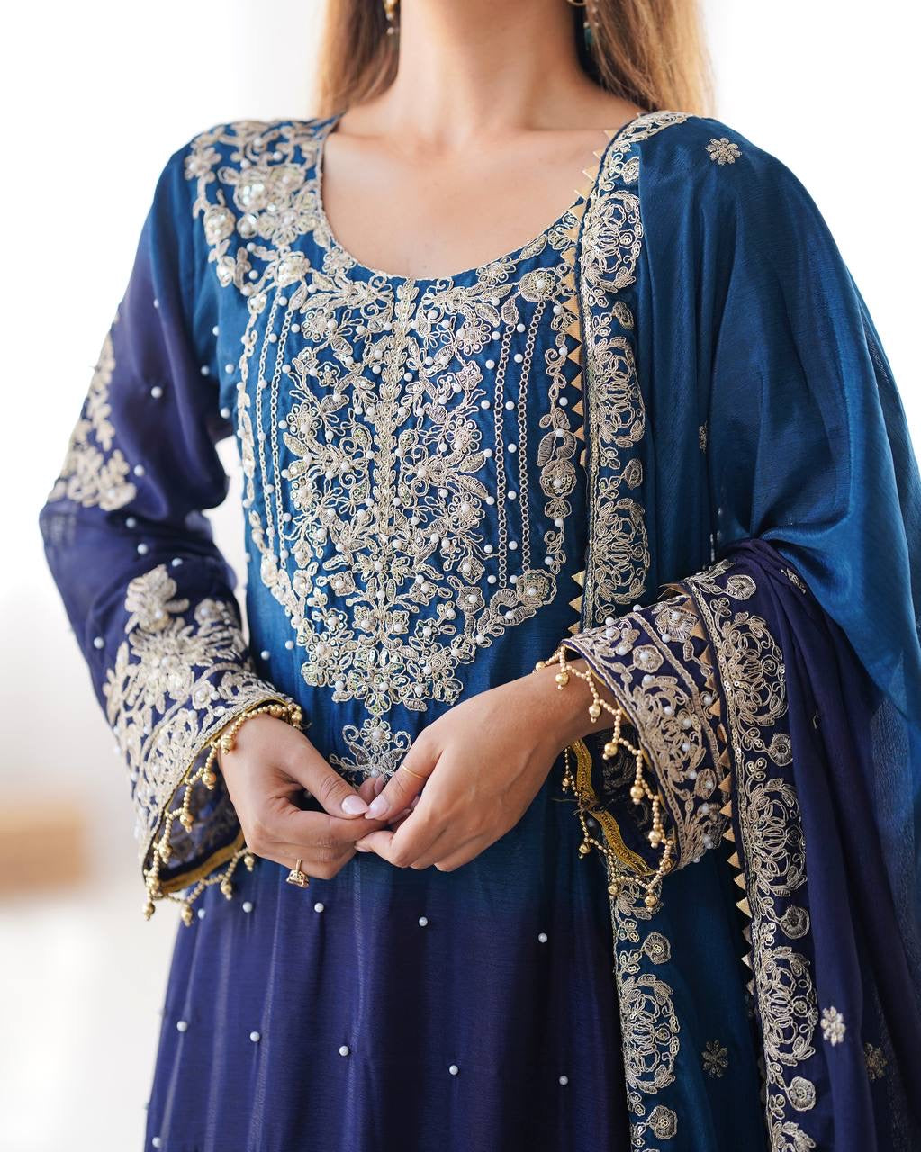 NAVY BLUE WEDDING WEAR CHINON SILK PLAZZO DRESS