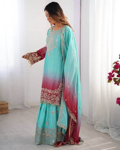 SKY COLOR WEDDING WEAR CHINON SILK PLAZZO DRESS