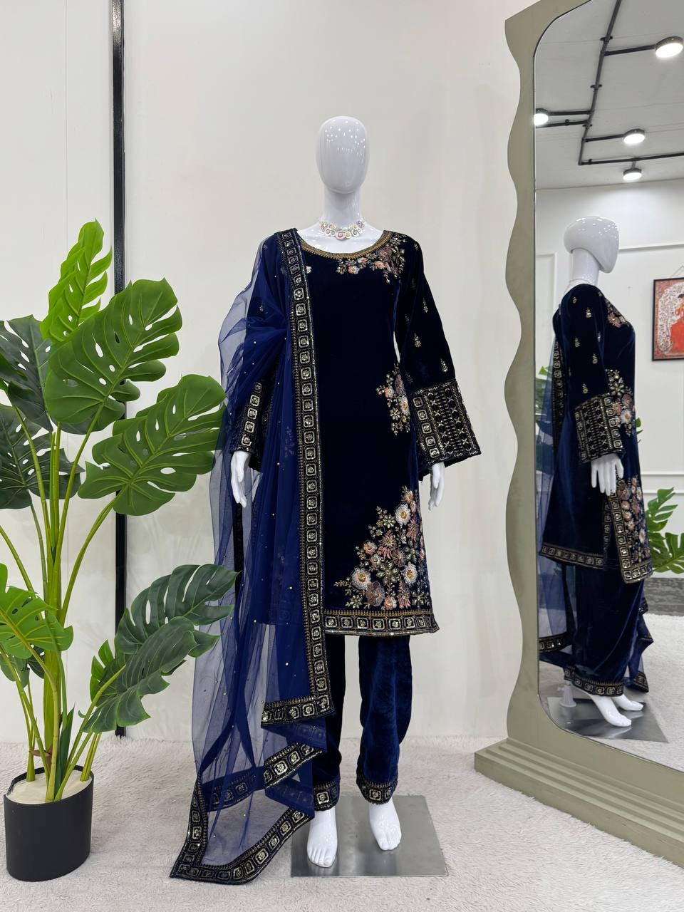 Royal Blue Velvet Kurti With Intricate Gold And Peach Embroidery