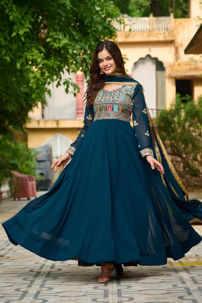 Charming Ethnic Gown With Multi-Thread Work And Zari Lace Dupatta