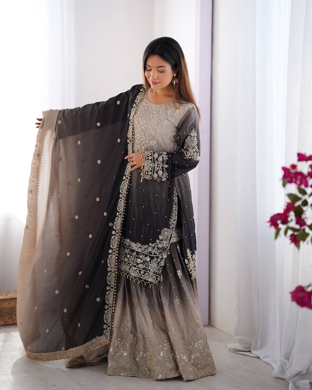 BLACK WEDDING WEAR CHINON SILK PLAZZO DRESS
