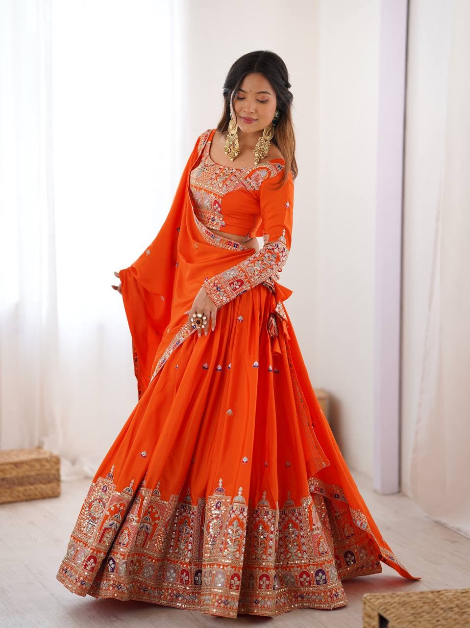 ORANGE WEDDING LEHENGA WITH CHOLI AND DUPATTA
