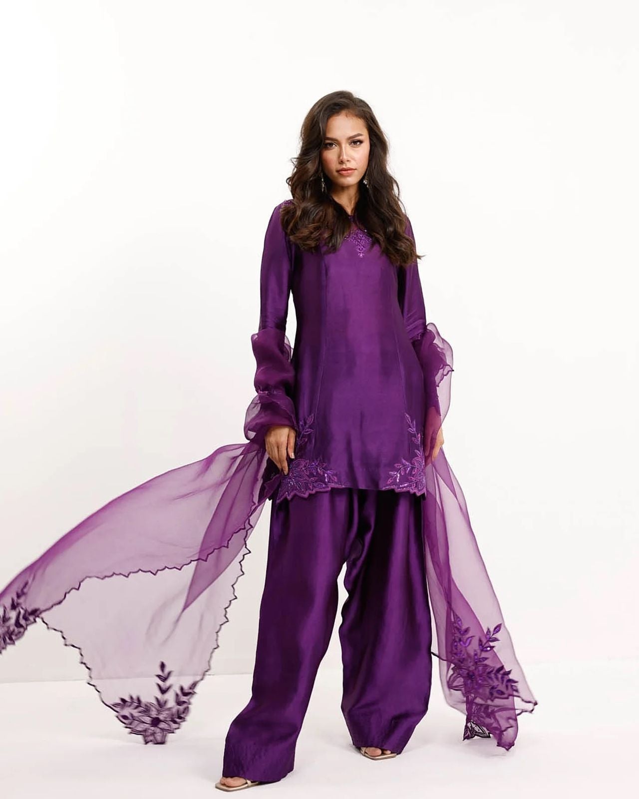 Elegant Beaded Natural Crepe Suit Set With Farshi Salwar & Net Dupatta