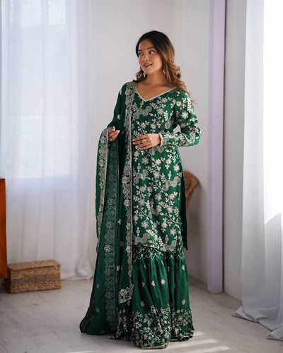 Green Color Designer Chinon Silk Sharara Set