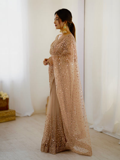 Almond Frost Color Net Saree With Fancy Dupatta