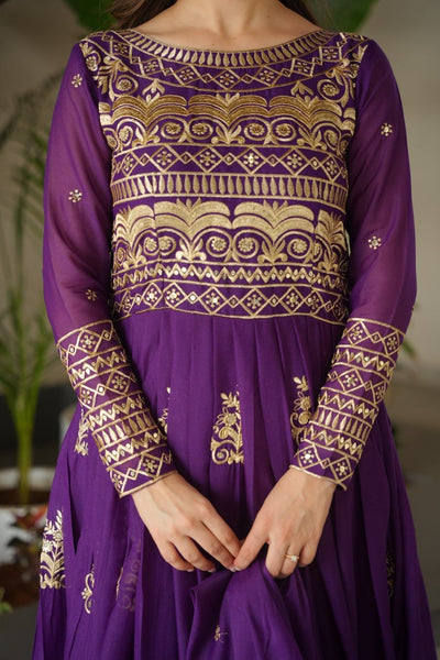 Purple Color Chinon Gown With Embroidery Dupatta