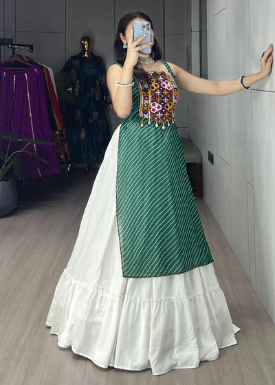 Green Color Georgette Leheriya Printed Kurti With Traditional Lehenga