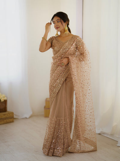 Almond Frost Color Net Saree With Fancy Dupatta