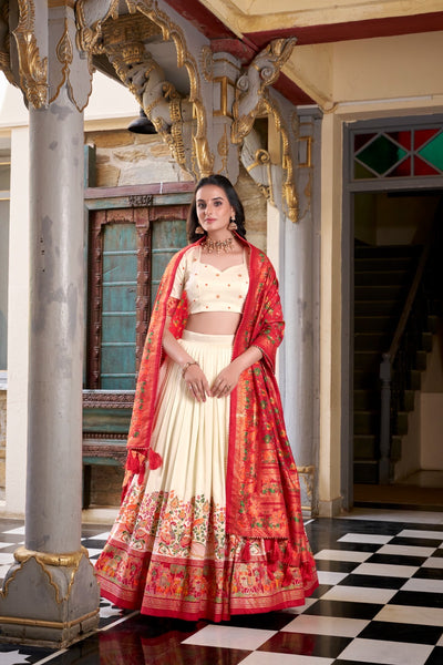Off White Color Tissue Silk Lehenga With Printed Dupatta