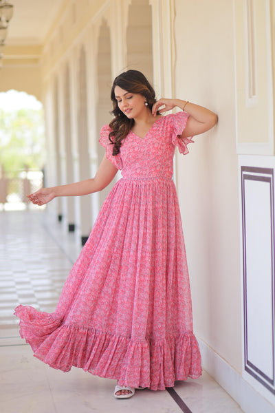 Pink Color Floral Print Flaired Gown