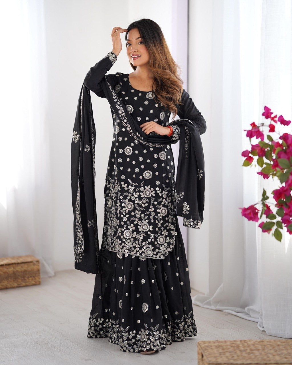 BLACK PARTYWEAR SHARARA SUIT WITH DUPATTA