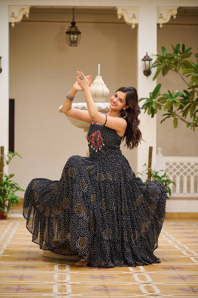 Black Navratri Bandhani Print Gown