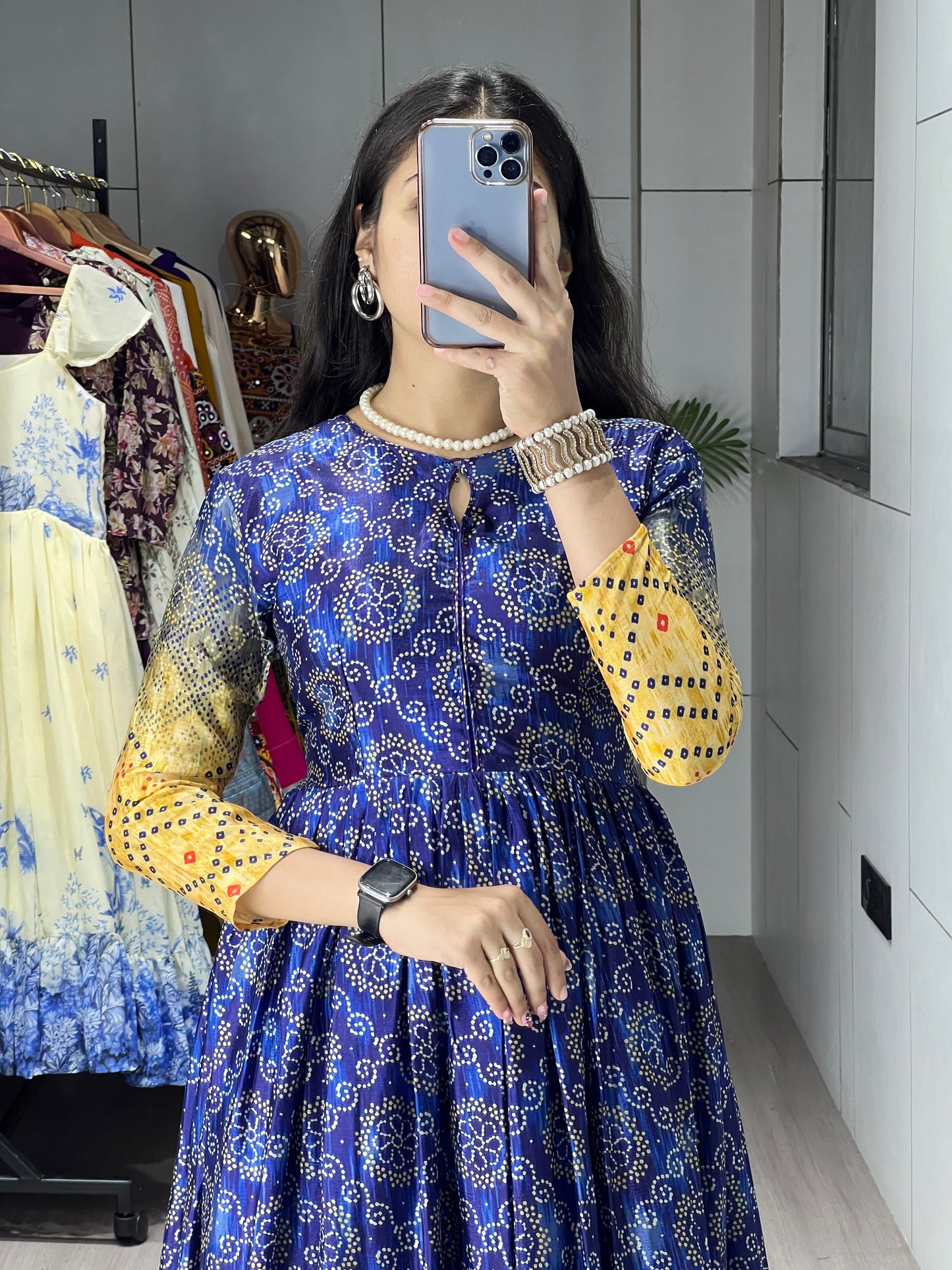 Bandhani Style Floral Printed Heavy Chinon Gown