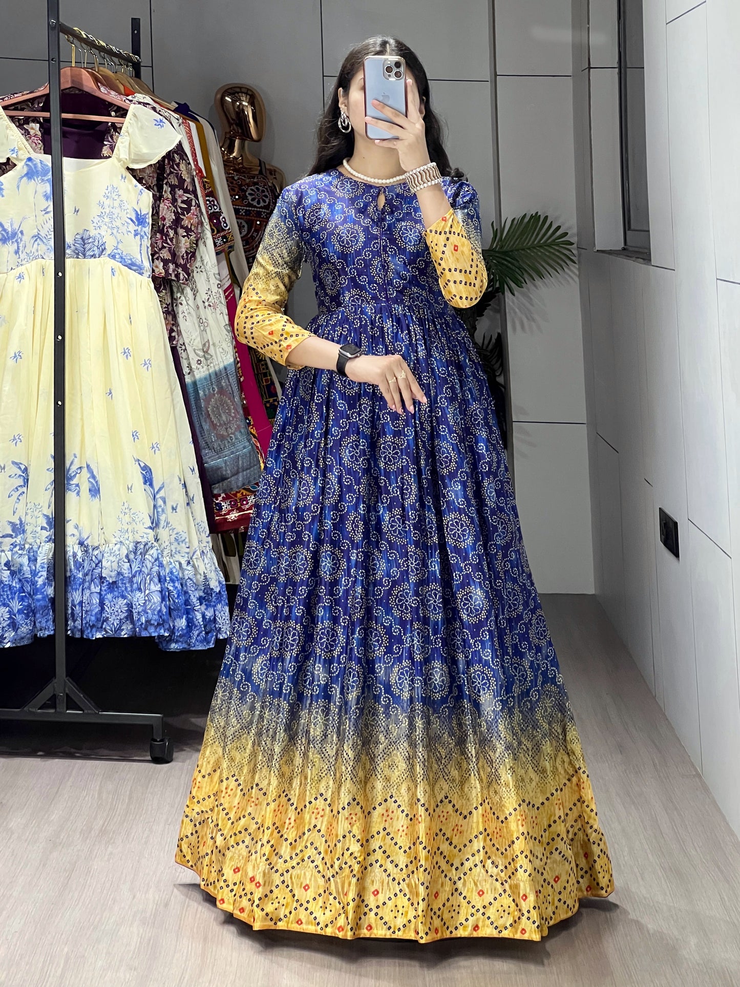 Bandhani Style Floral Printed Heavy Chinon Gown