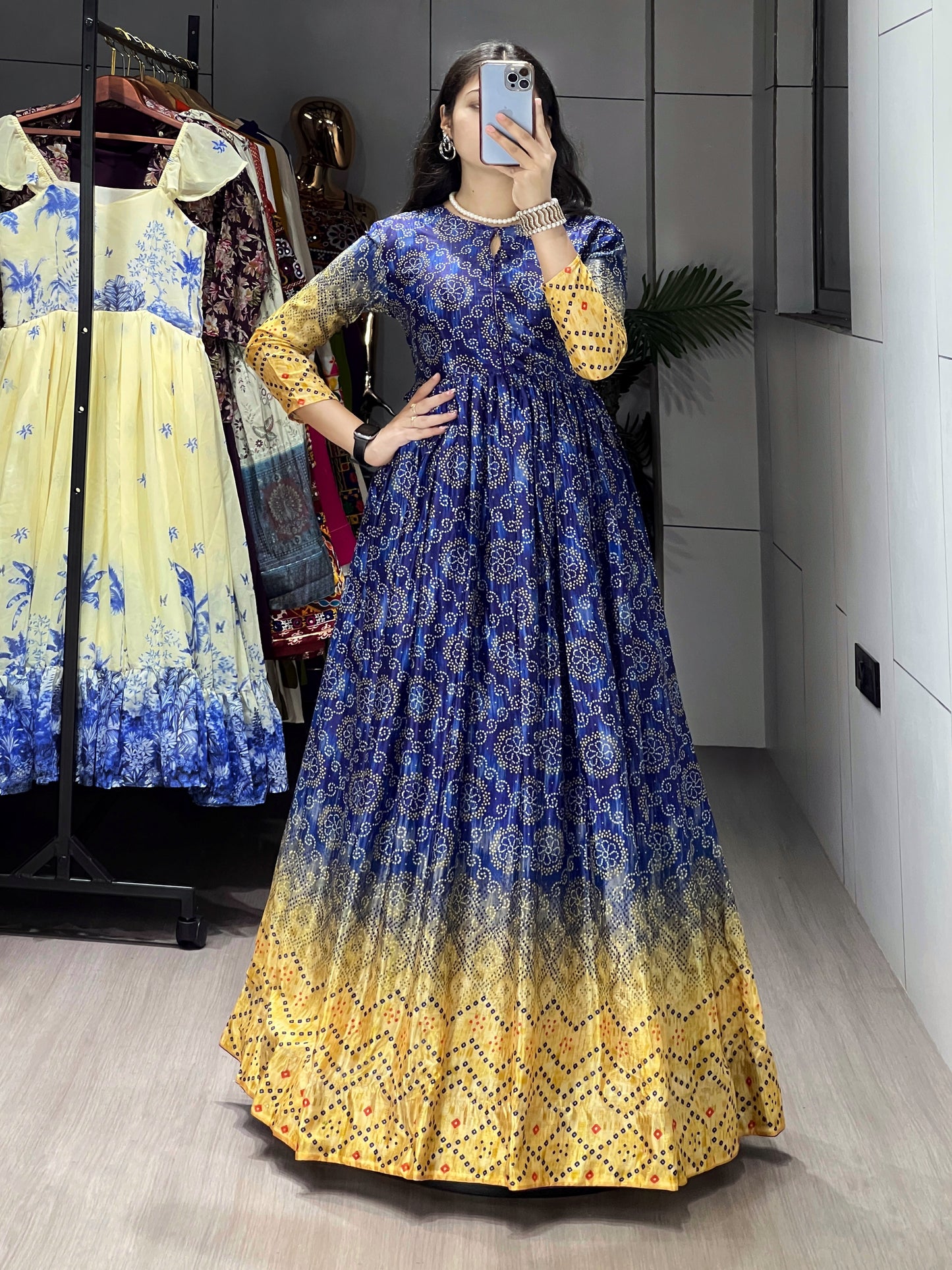 Bandhani Style Floral Printed Heavy Chinon Gown