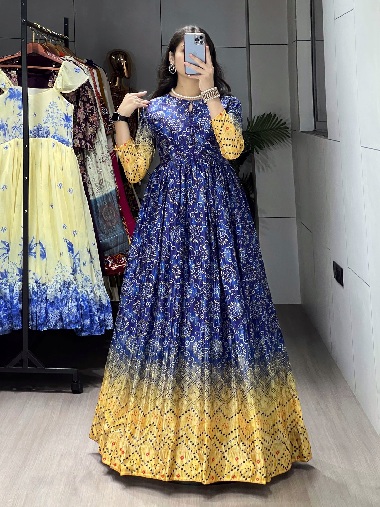 Bandhani Style Floral Printed Heavy Chinon Gown
