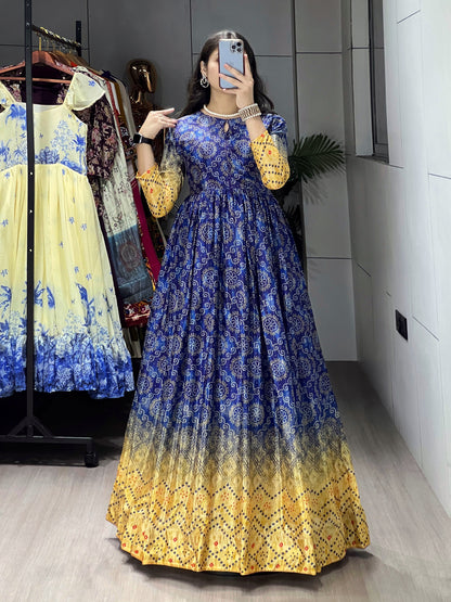 Bandhani Style Floral Printed Heavy Chinon Gown