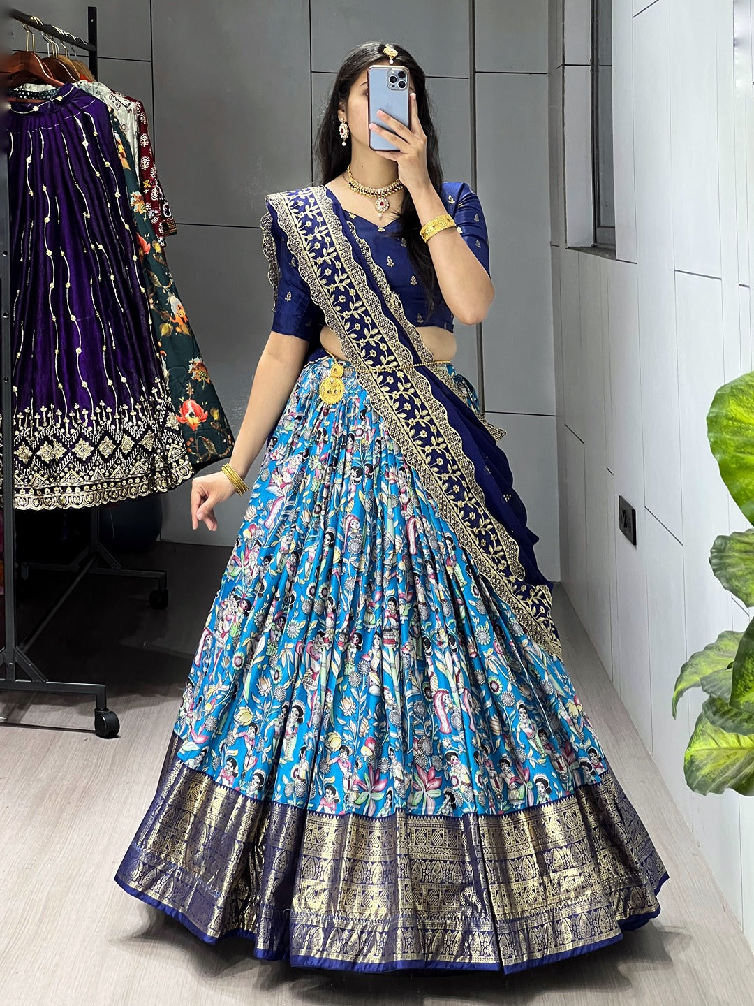 Designer Kalamkari Printed Dola Silk Lehenga Set with Foil Border & Embroidered Dupatta