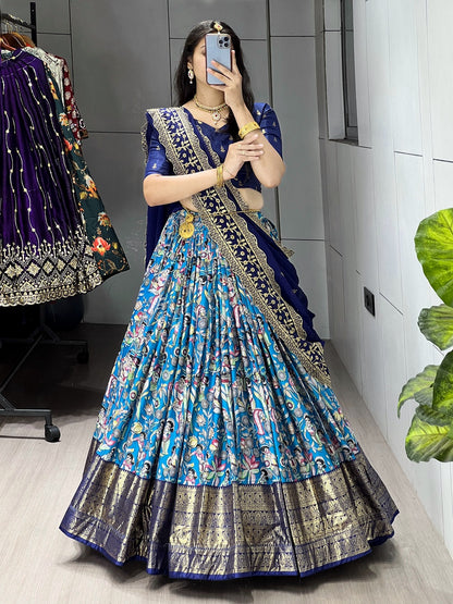 Designer Kalamkari Printed Dola Silk Lehenga Set with Foil Border & Embroidered Dupatta