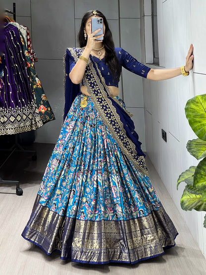 Designer Kalamkari Printed Dola Silk Lehenga Set with Foil Border & Embroidered Dupatta