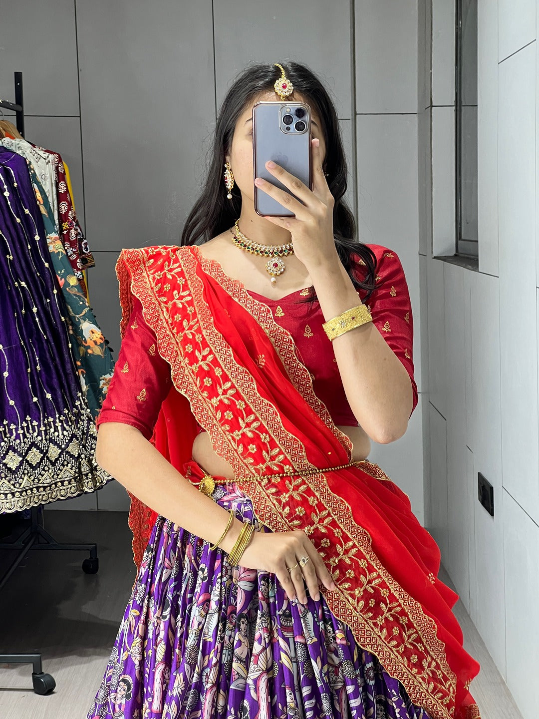 Designer Kalamkari Printed Dola Silk Lehenga Set with Foil Border & Embroidered Dupatta