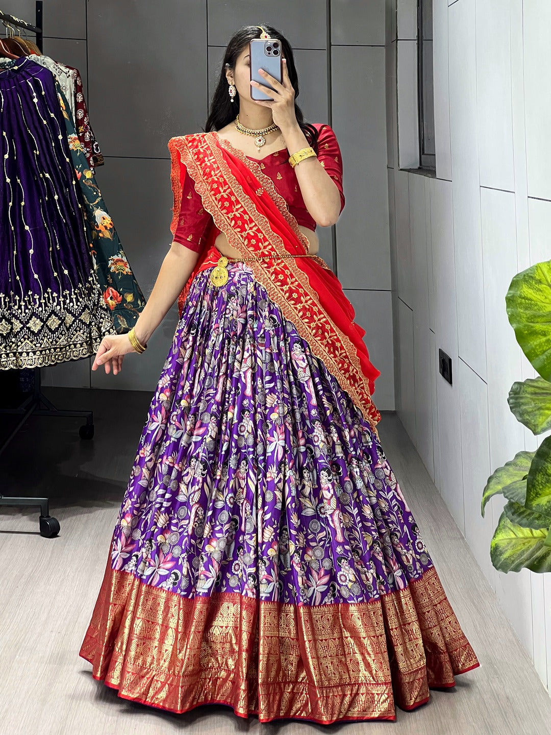 Designer Kalamkari Printed Dola Silk Lehenga Set with Foil Border & Embroidered Dupatta
