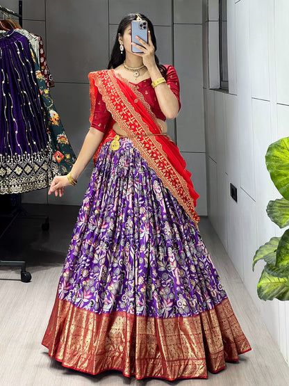 Designer Kalamkari Printed Dola Silk Lehenga Set with Foil Border & Embroidered Dupatta