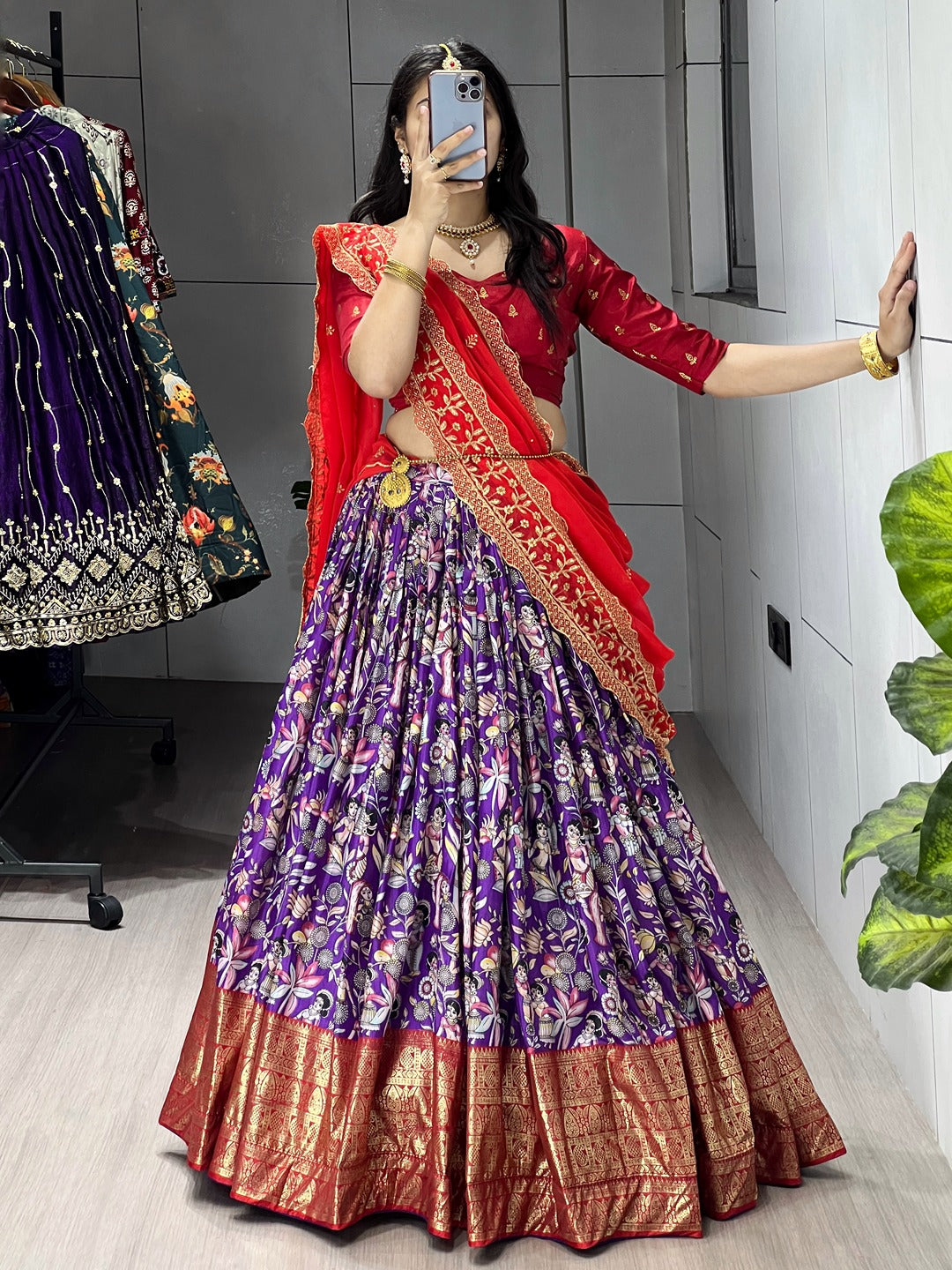 Designer Kalamkari Printed Dola Silk Lehenga Set with Foil Border & Embroidered Dupatta