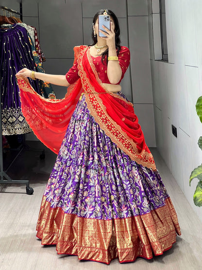 Designer Kalamkari Printed Dola Silk Lehenga Set with Foil Border & Embroidered Dupatta