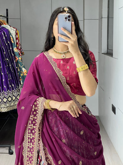 Designer Kalamkari Printed Dola Silk Lehenga Set with Foil Border & Embroidered Dupatta