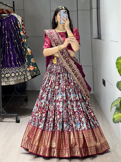 Designer Kalamkari Printed Dola Silk Lehenga Set with Foil Border & Embroidered Dupatta