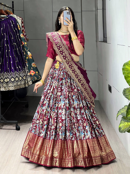 Designer Kalamkari Printed Dola Silk Lehenga Set with Foil Border & Embroidered Dupatta