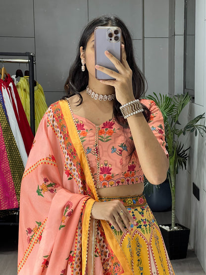 Printed Art Silk Lehenga Choli with Gota Patti & Chinon Dupatta
