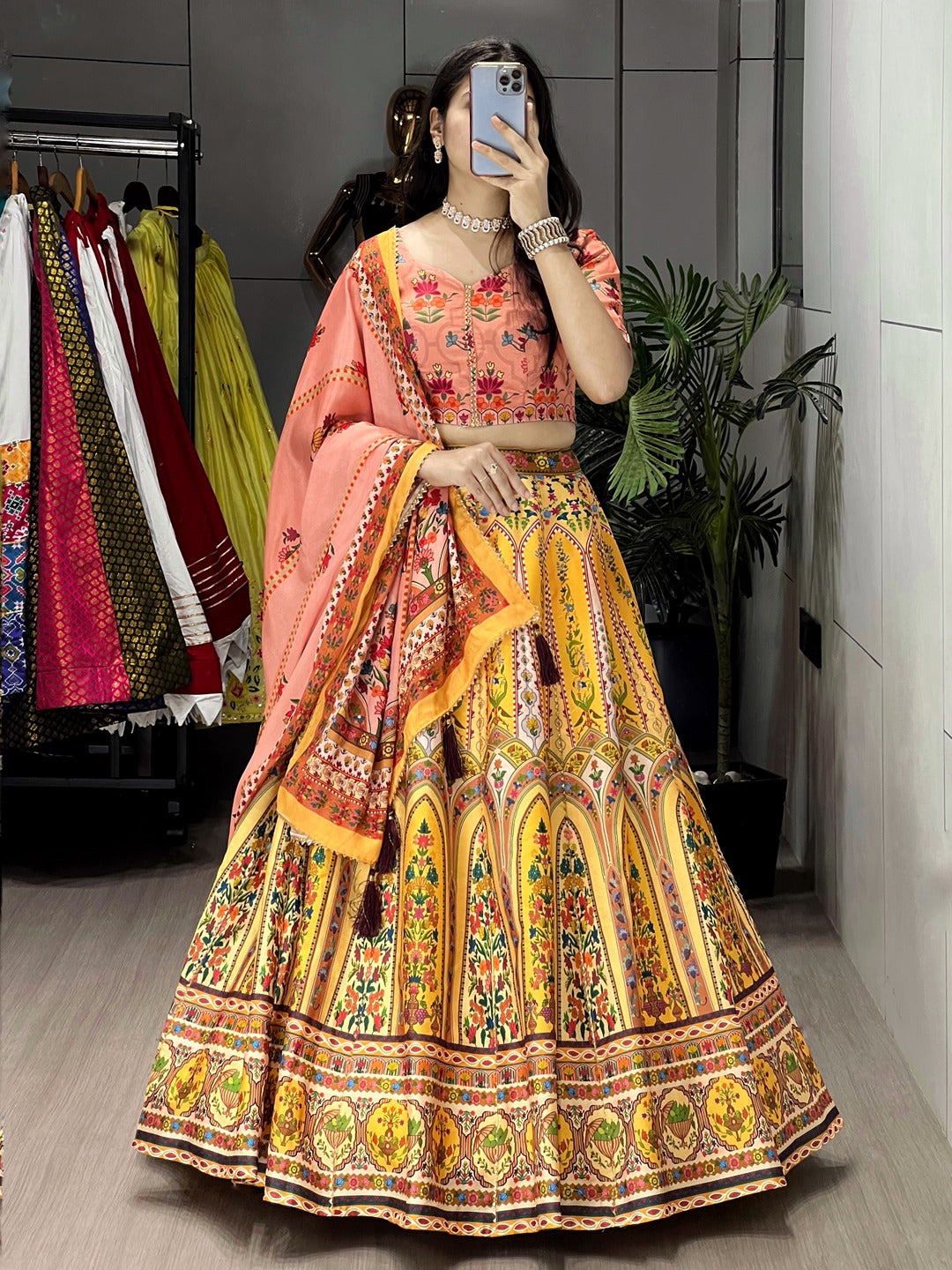 Printed Art Silk Lehenga Choli with Gota Patti & Chinon Dupatta