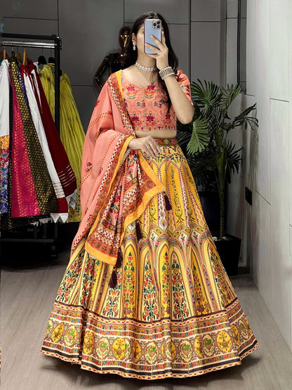 Printed Art Silk Lehenga Choli with Gota Patti & Chinon Dupatta