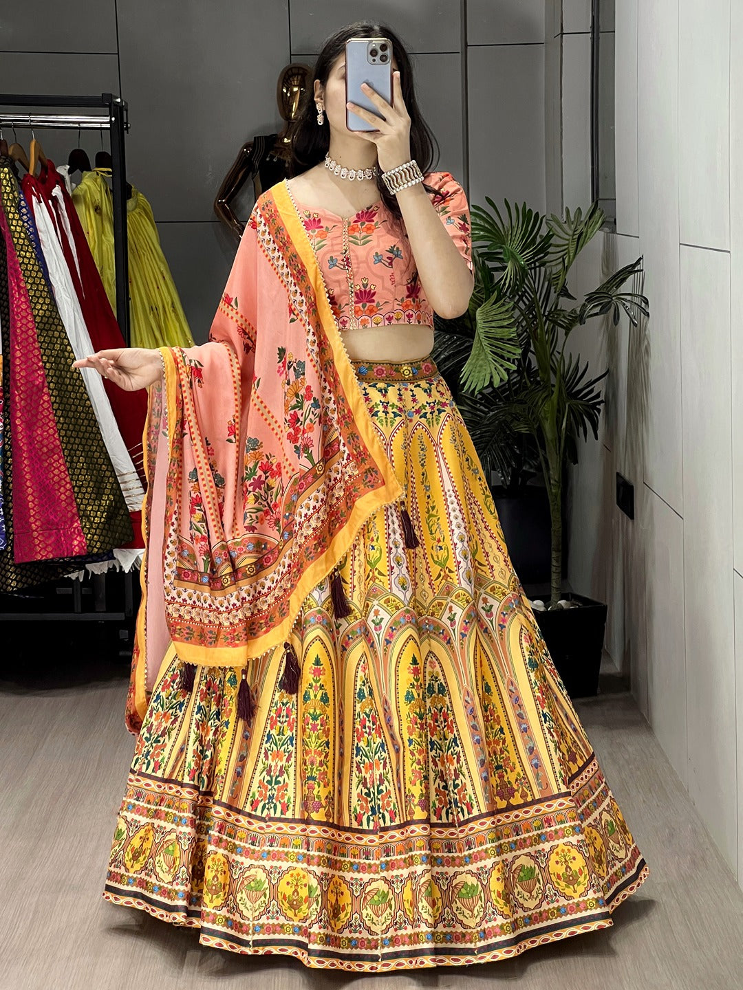 Printed Art Silk Lehenga Choli with Gota Patti & Chinon Dupatta