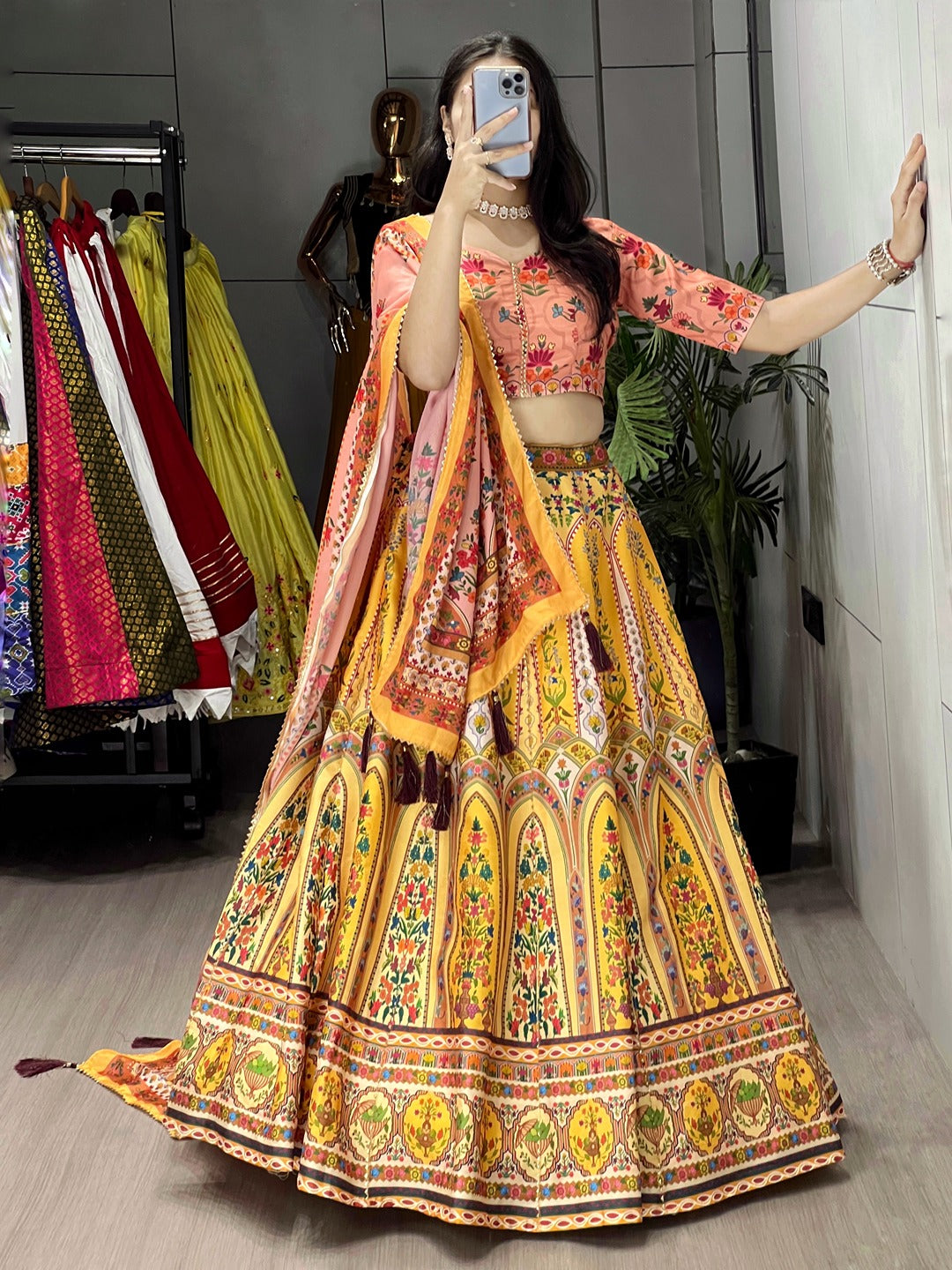 Printed Art Silk Lehenga Choli with Gota Patti & Chinon Dupatta