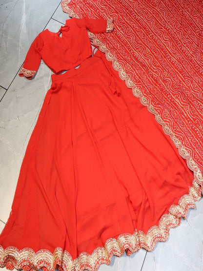 Elegant Red Georgette Lehenga Set with Embroidered Border & Foil Print Dupatta