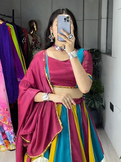 Fully Stitched Chinon Wedding Lehenga Set with Colorful Kali Embellishments