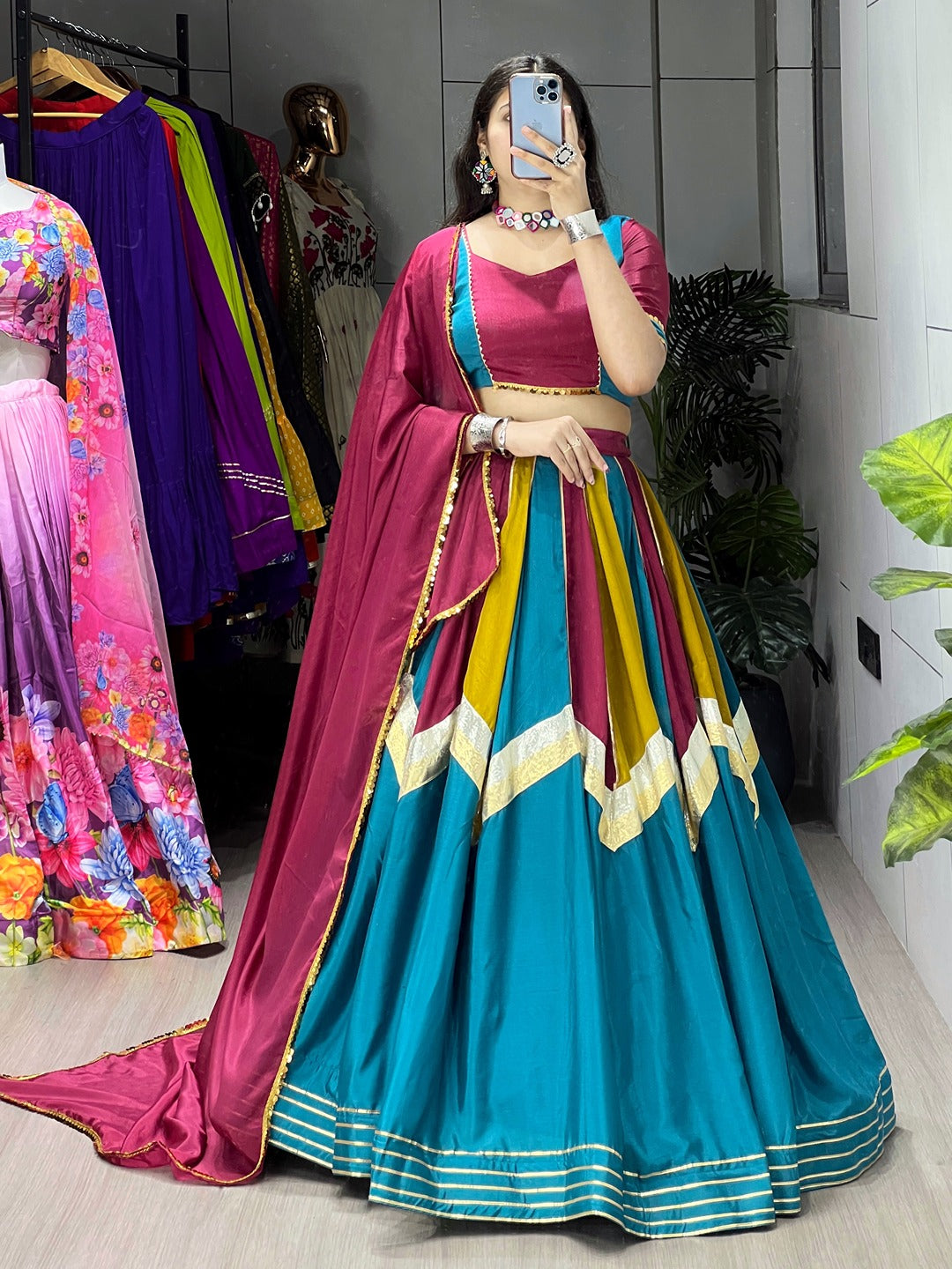 Fully Stitched Chinon Wedding Lehenga Set with Colorful Kali Embellishments