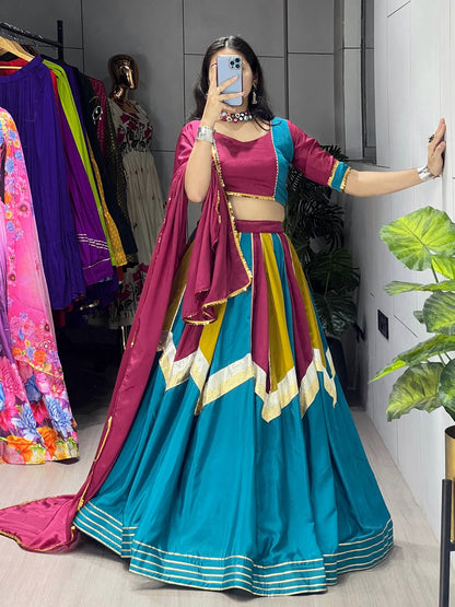 Fully Stitched Chinon Wedding Lehenga Set with Colorful Kali Embellishments