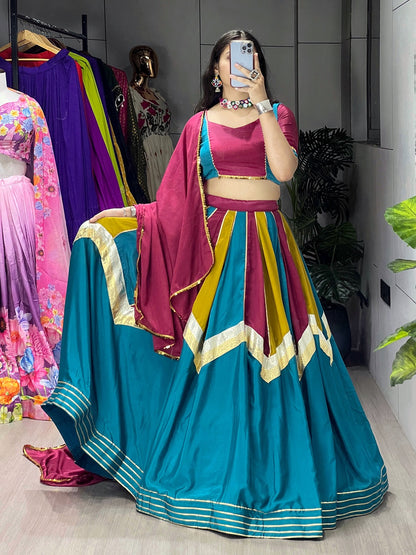 Fully Stitched Chinon Wedding Lehenga Set with Colorful Kali Embellishments