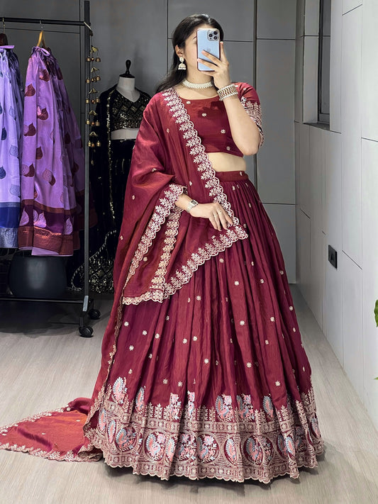 Classical Burgundy Embroidered Lehenga Set in Two-Toned Vichitra Fabric