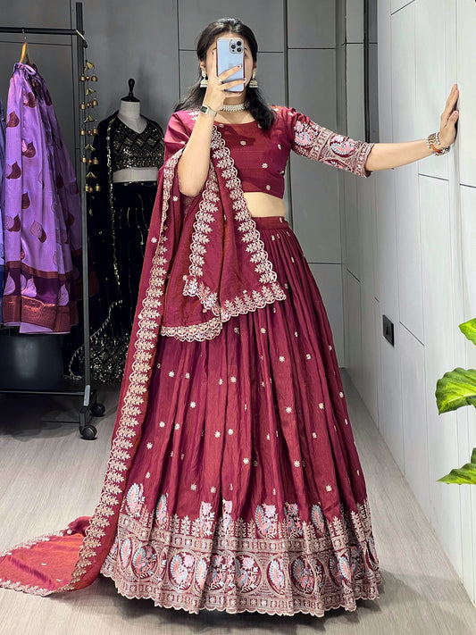 Classical Burgundy Embroidered Lehenga Set in Two-Toned Vichitra Fabric
