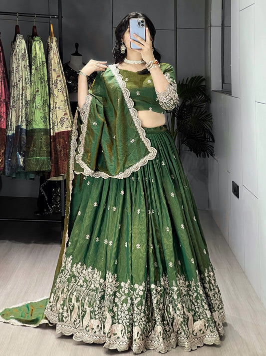 Classical Olive Green Embroidered Lehenga Set in Two-Toned Vichitra Fabric