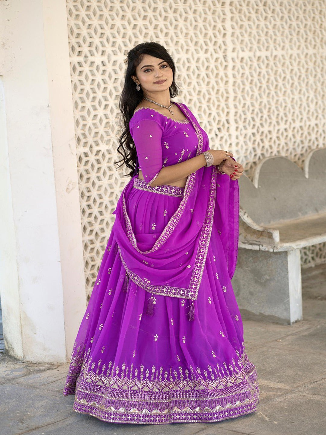 Classic Purple Embroidered Lehenga Set with Sequins Work in Heavy Georgette