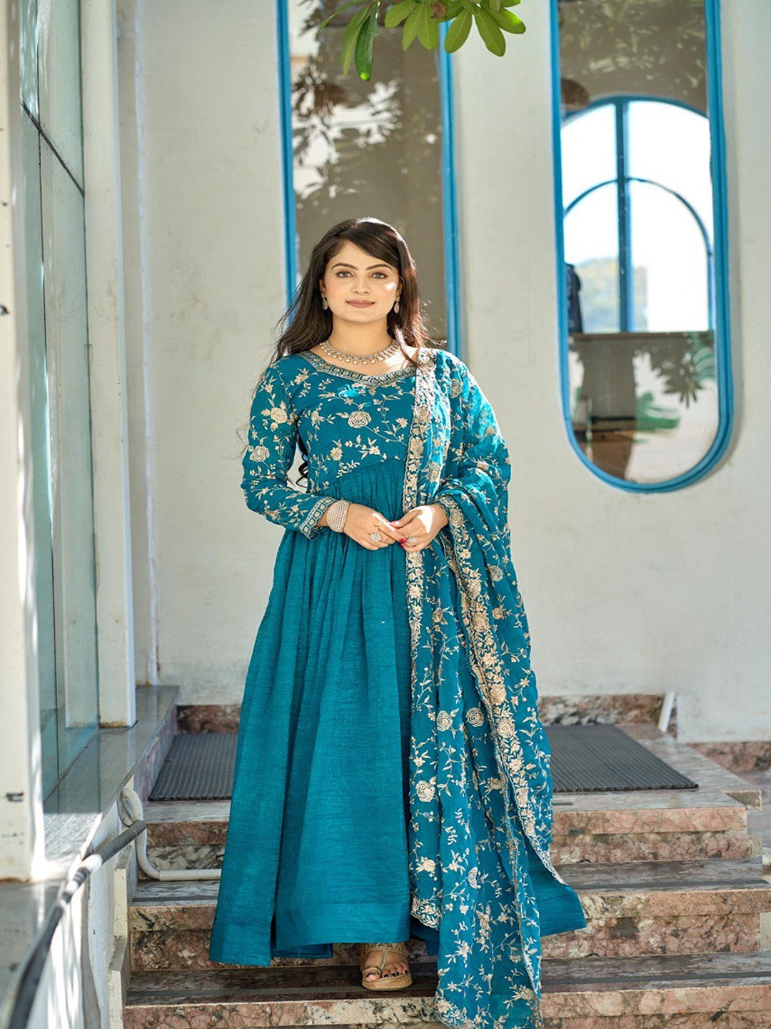 Designer Heavy Embroidered Pure Crunchy Gown with Lace Dupatta